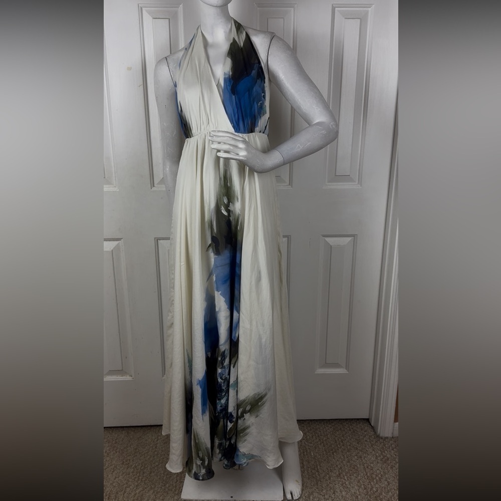 Milly White and Blue Plunge Neck Sleeveless Gown